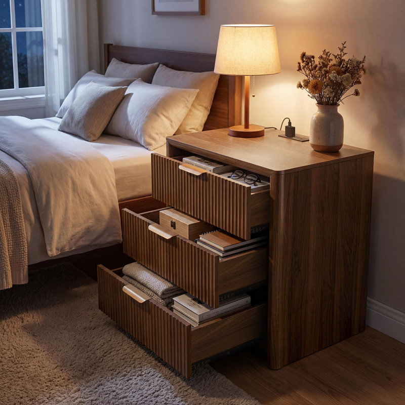 Walnut Nightstand with Charging Station, 3 Drawer Wood Fluted Bedside Table with Open Shelf, 22.8" L × 15.8" W × 24" H