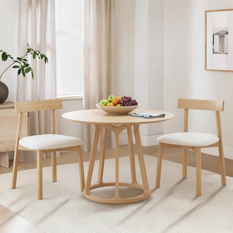 Solid Wood Dining Chairs Set of 2 with Curved Backrest, Mid-Century Modern Faux Leather Kitchen Side Chairs, Low Back Armless Minimalist Dining Furniture