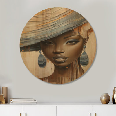 Dame au chapeau bleu - Tableau mural rond en bois représentant une femme afro-américaine