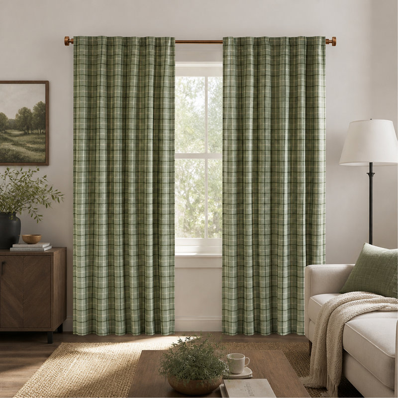 Paire de rideaux écossais avec passe-tringle et passants avec doublure en molleton vert 50 po x 84 po, Vert