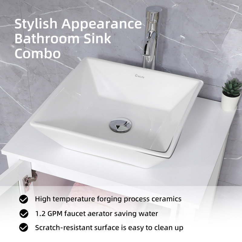 24'' White MDF Freestanding Bathroom Vanity with Ceramic Vessel Sink
