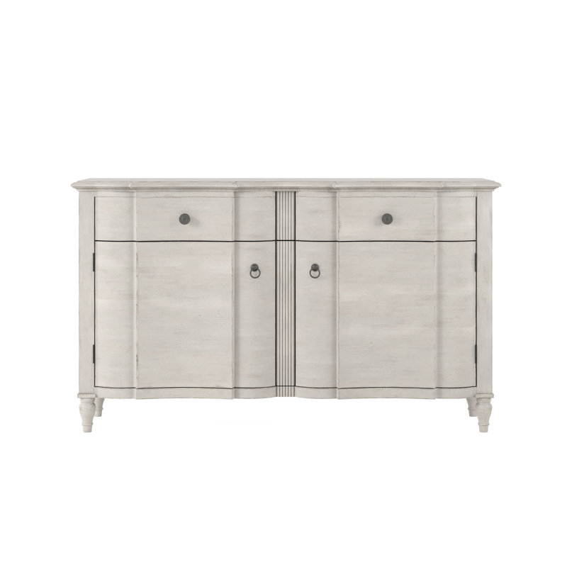 Ivory Wood Buffet with Brass Hardware and Reed Detailing