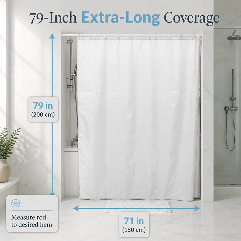 Solid Colors Extra Long Shower Curtain Polyester with Matching Hooks, White