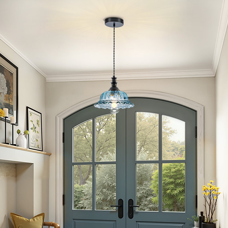 Luminaire suspendu floral en verre 1 lumière 9,8 pi, Bleu, Noir mat