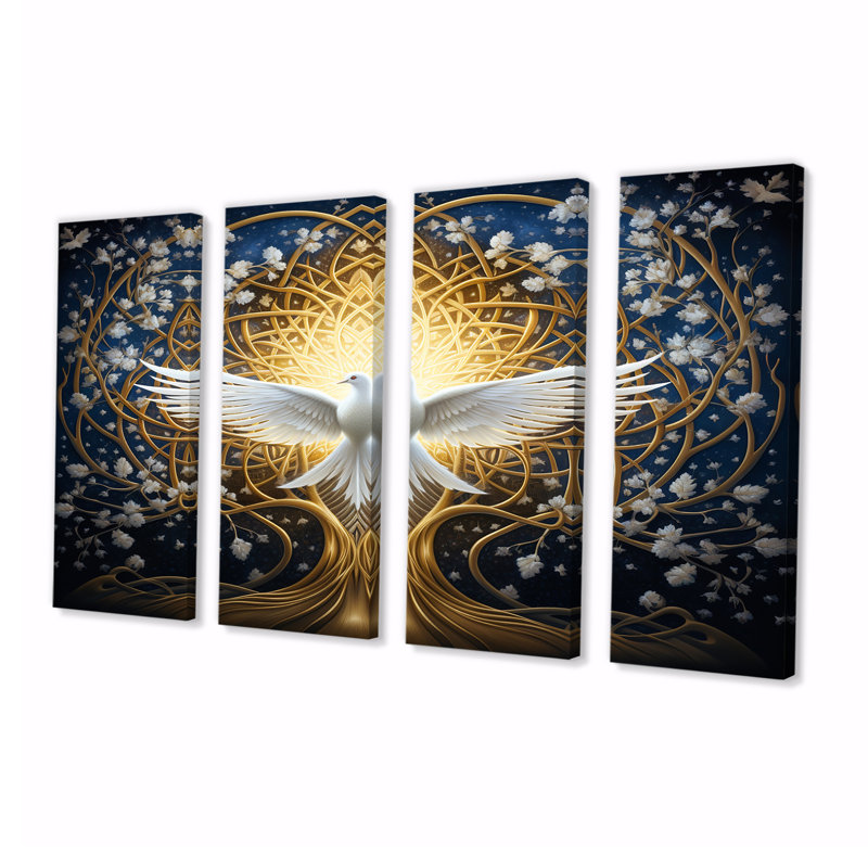 «Celestial Dove Bringing Peace» - art mural colombe pour le salon, 4 pièces, H 32 po x l 64 po