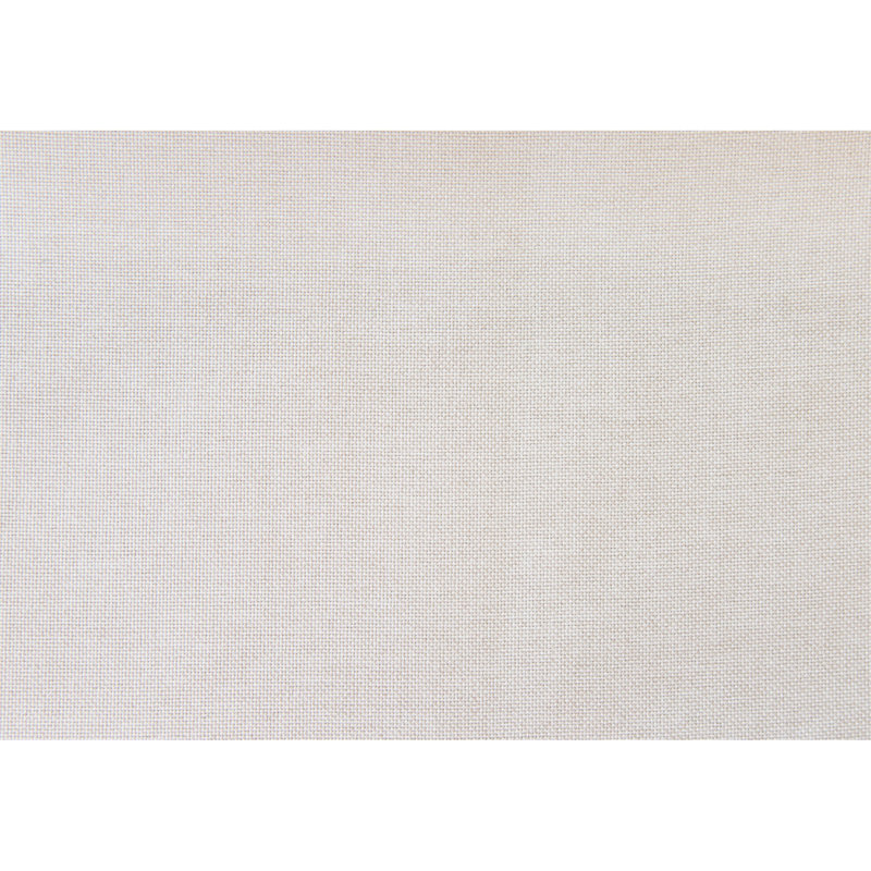 Lit tapissier beige en lin avec pieds noirs stables et tête de lit plateforme