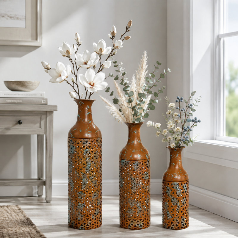 Ensemble de 3 vases de plancher en métal brun rustique, ensemble de grands vases gigognes avec découpes florales