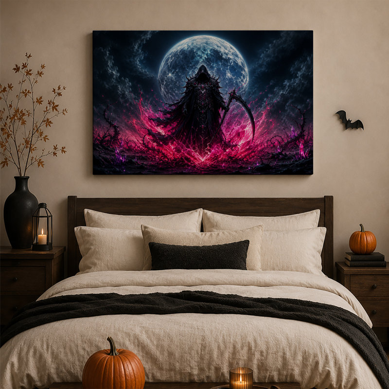 Personnage sombre encapuchonné tenant une faux sur toile rose lumineuse, art mural d'Halloween, H 28 po x l 40 po