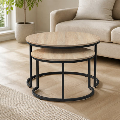 Ensemble de 2 tables basses gigognes rondes 31,7 pouces au fini chêne naturel pour un salon et un appartement faciles à assembler