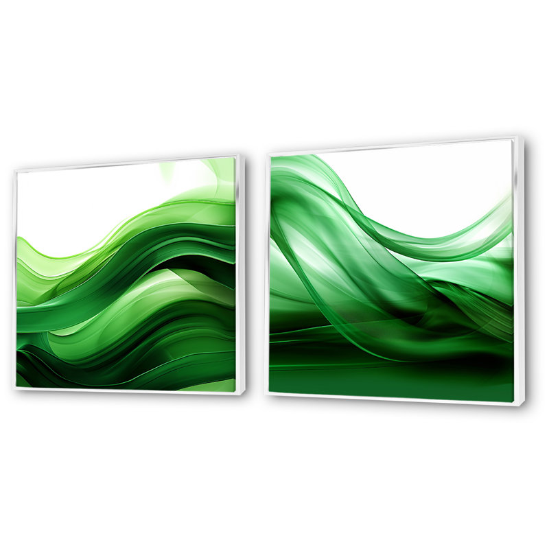 «Green and White Fractal Waves I», ensemble d'art mural sur toile abstraite, Cadre blanc, H 30 po x l 61 po x P 1 po