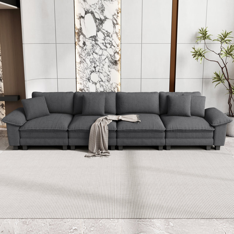 158" Modular Sectional Sofa, Comfy Cloud Couch for Living Room, 4-Seater Deep Seat Sofa with Throw Pillow, 4, Gray Corduroy