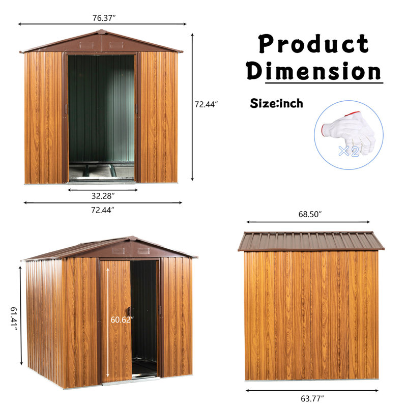 73.19 In. High Metal Shed With Galvanized Steel & Rot Design Storage Unit Insect- Coating, Yellow/Brown