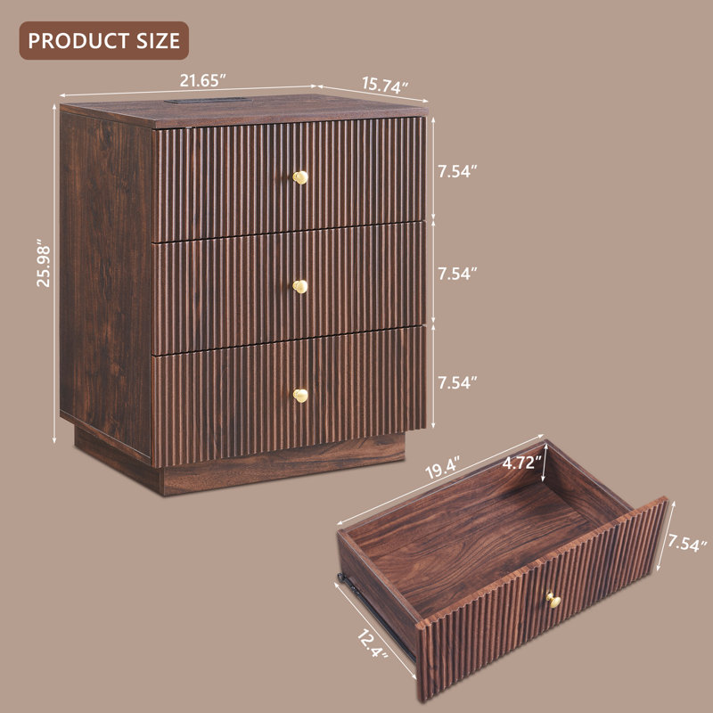 25.98" Tall Modern End Table Set of 2, 21.65" Wide Wood End Table with Charging Station, Storage Drawers w/Fluted Profile Design for Bedroom,Brown