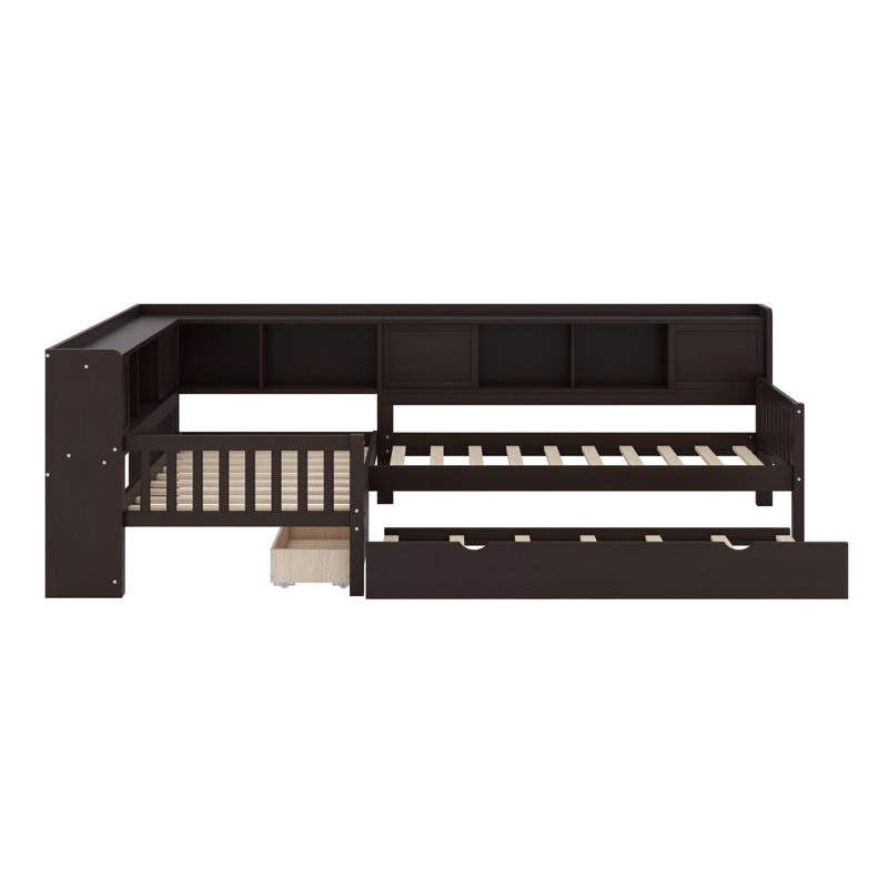 Lit plateforme en L avec lit gigogne, tiroirs et tablettes de rangement, Espresso