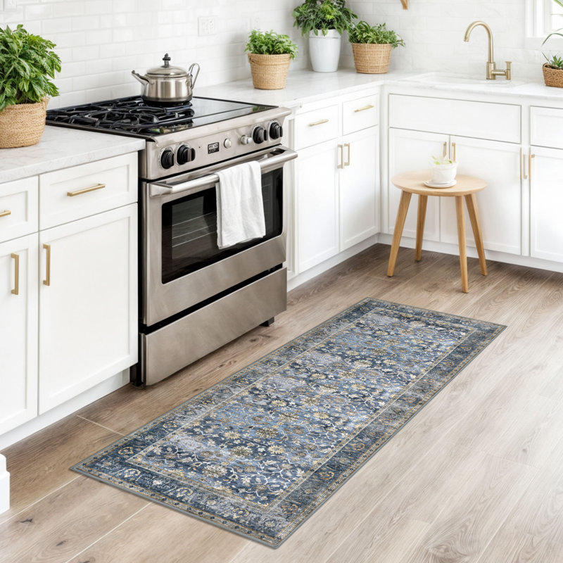 Area Rug Machine Washable Rug Oriental Indoor Rugs with Non-Slip Backing, Runner 2' x 5', Blue/Gray/Beige