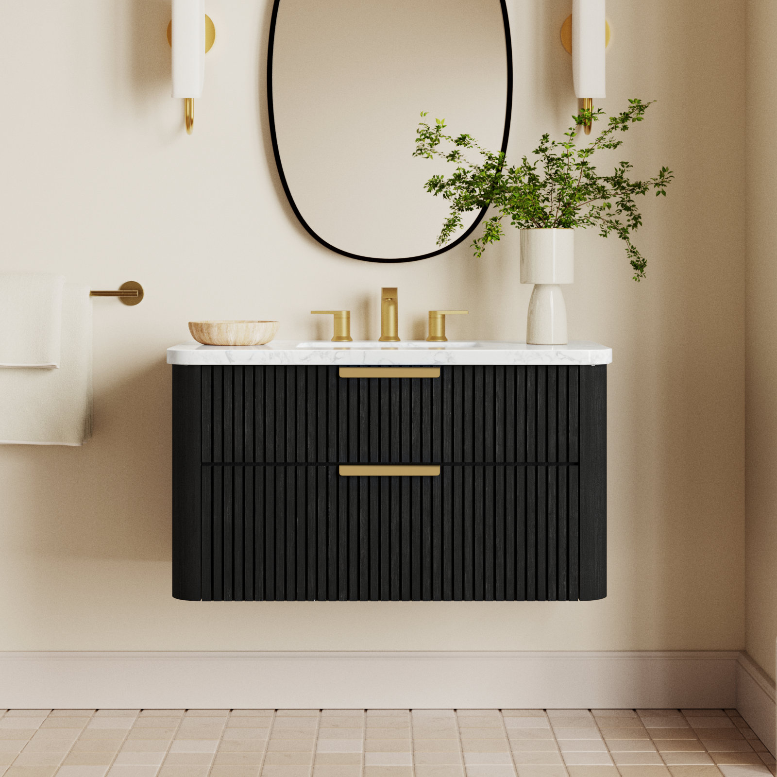 Liljan 36'' Wall-Mounted Single Bathroom Vanity, Black Oak/Brushed Bronze