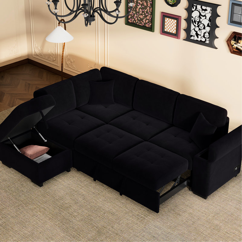Sleeper With Armrest Storage & Sockets, Comfortable, Black Sectional -Bed Extra Padded Cushioning ,, Black Velvet