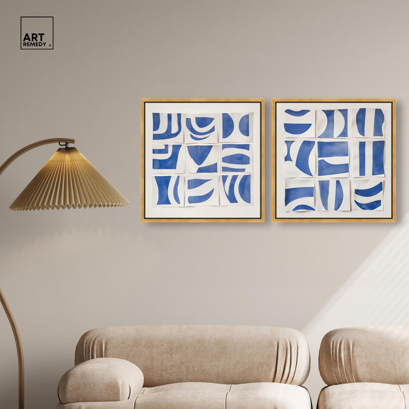 «Grids of Blue Harmony», reproduction d'art sur toile par Art Remedy, cadre doré, 20 x 20, H 21 po x l 21 po, Gold Frame