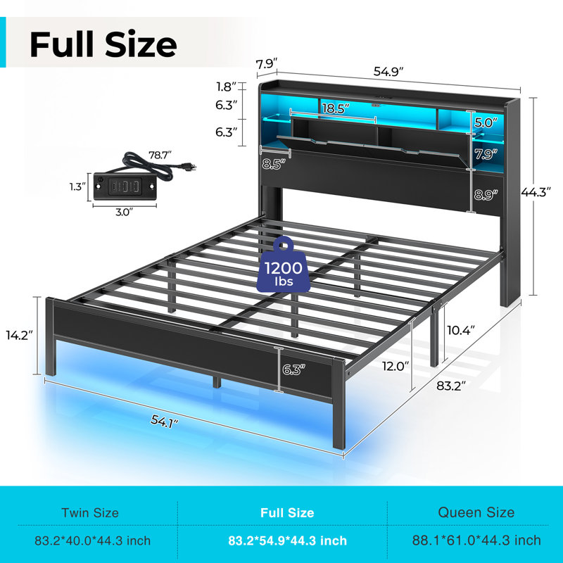 Zohreh Metal Bookcase Storage Bed with RGB LED Lights and Charging Station, Full/Double