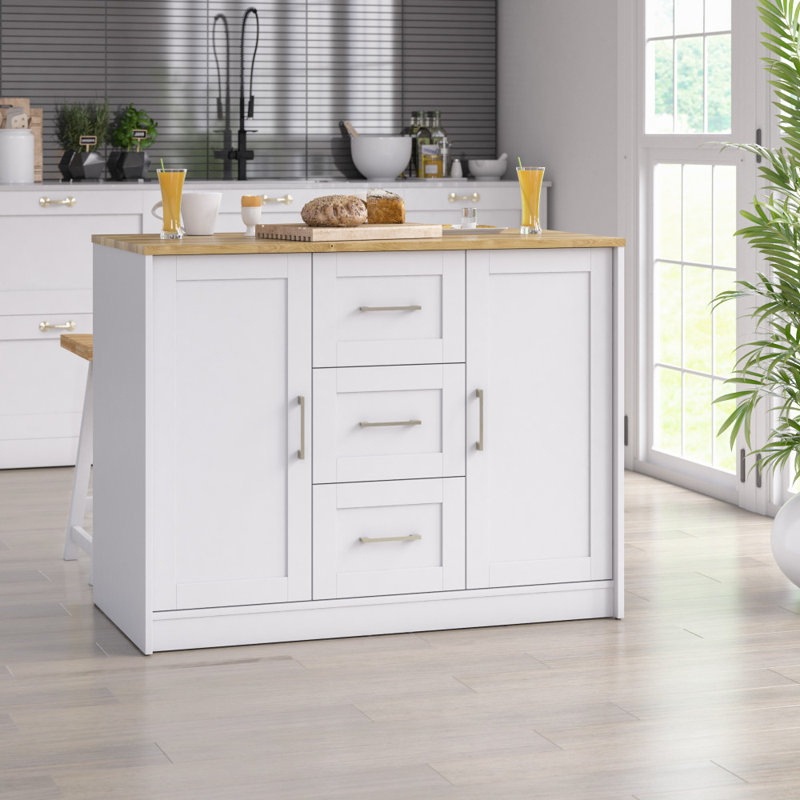 Allycia 45.5'' W Solid and Manufactured Wood Kitchen Island with Butcher Block Top, Brilliant White