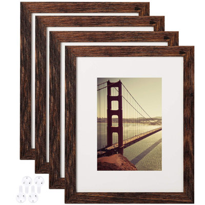 Set of 4 Wood Pattern 8x10 Picture Frames with Tempered Glass, Displays 5x7 with Mat or 8x10 Without Mat, Horizontal Vertical Wall & Tabletop Mounting
