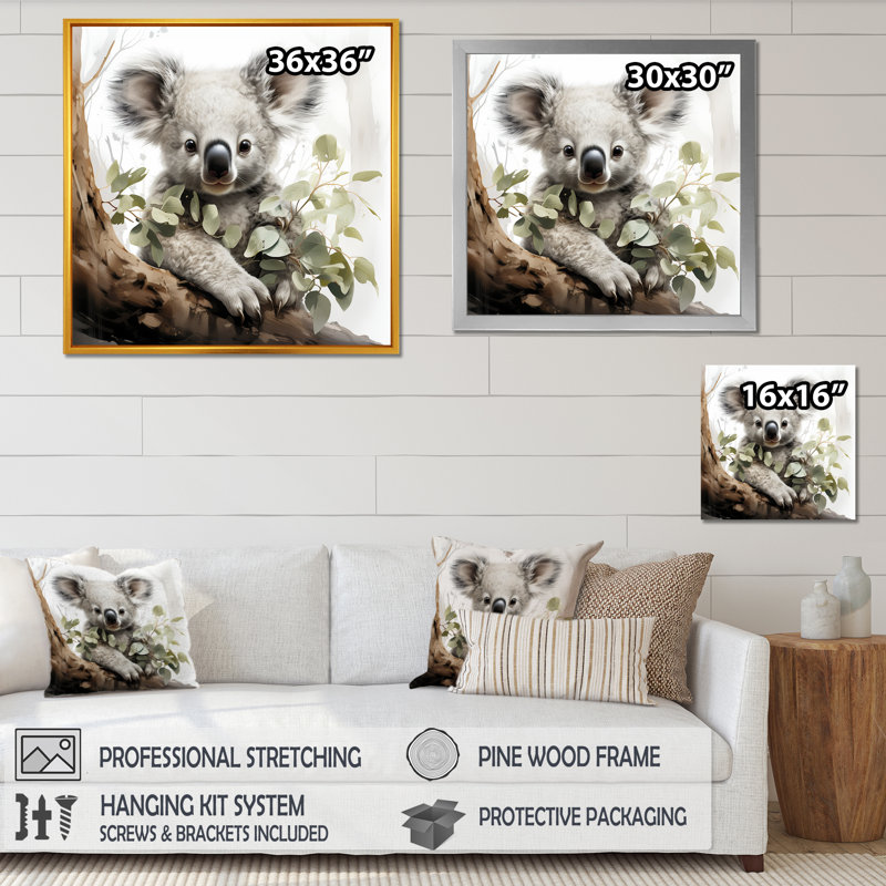 Adorable Koala en Australie IV - Koala, art mural animal, Encadrement doré, H 16 po x l 16 po x P 1 po