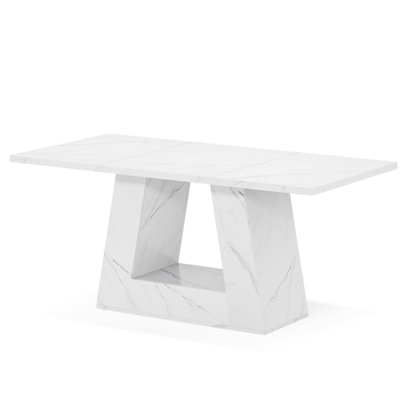 Light Luxury Modern Style White Faux Marble Rectangular Table With 1 Extension Leaf Suitable For Light Luxury Dining Rooms And High-End Living Rooms