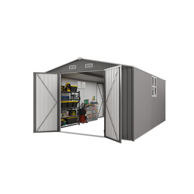 10x14 FT Outdoor Metal Storage Shed, Durable Garden Shed with Three Lockable Doors and Clear Window for Backyard, Patio, Garden