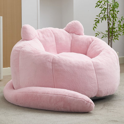 Fauteuil à billes adulte en forme de chat rose, fabriqué de manière ergonomique avec de la fausse fourrure, un fond antidérapant, un anneau de traction pour la mobilité, un coussin de détente approprié à la maison, aucun coussin d'assemblage requis, une mousse à mémoire de forme haute densité rembourrée,