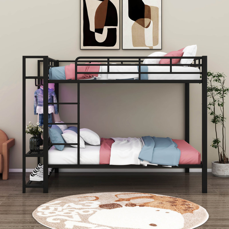 Full Over Full Bunk Bed With Storage Mesh Shelves And Clothes Hooks, Metal Bunk Bed Frame With LED Light, Black