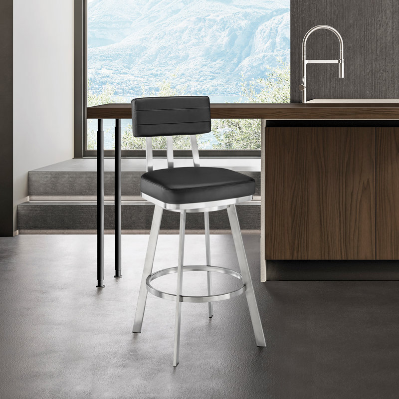 Bodhan Swivel Upholstered Counter Stool, Counter Stool (26" Seat Height), Brushed Stainless Steel/Black