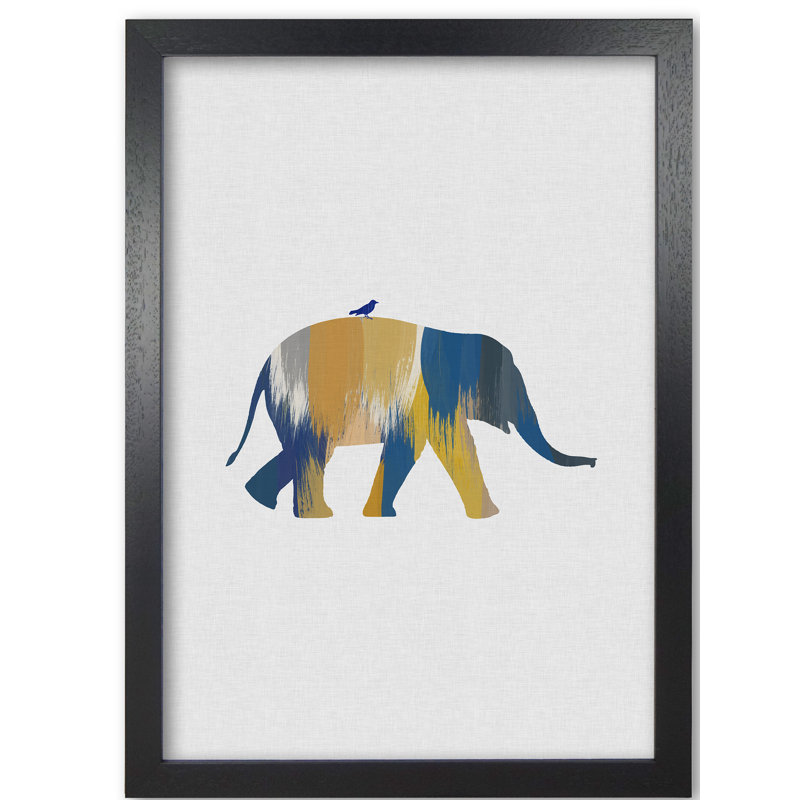 Elephant Blue & Yellow - Print, 60 cm H x 42 cm W x 5 cm D, Black Grain Frame