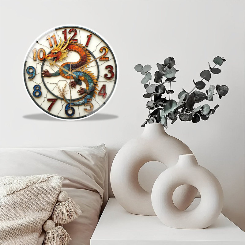 Horloge murale silencieuse en verre trempé de 30 cm, « Horloge murale en mosaïque dragon », décoration intérieure, sans tic-tac, fonctionne avec des piles AA (non incluses), décoration artistique.
