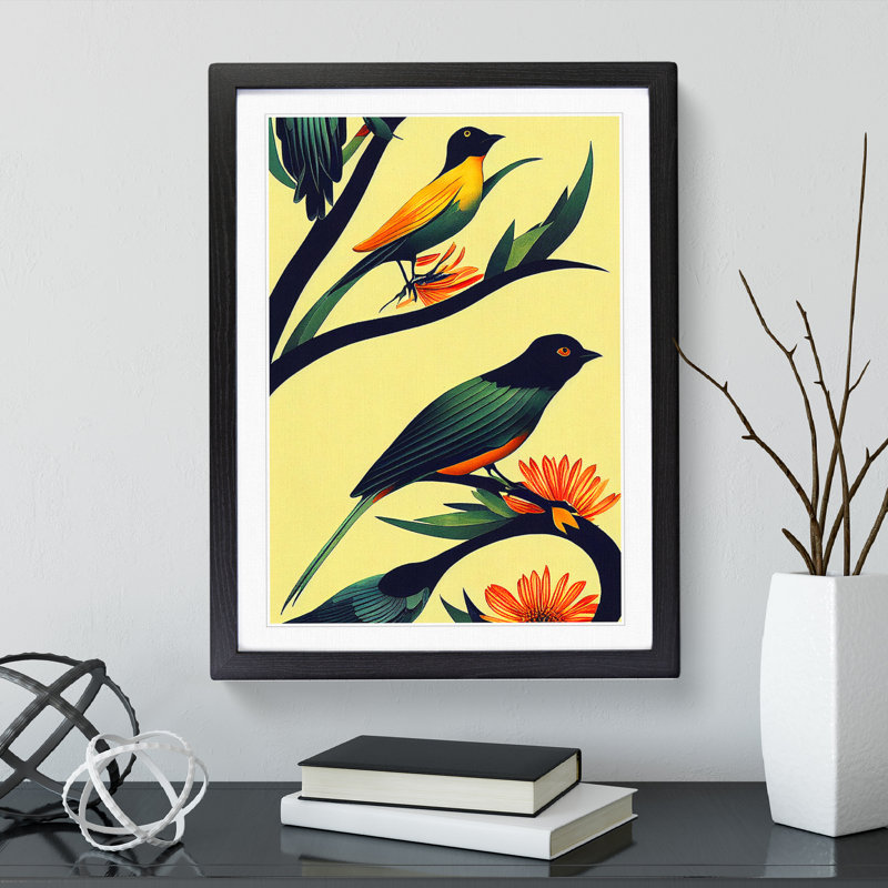 Birds On The Branch - Wall Art, Black Framed, 36cm H x 27cm W x 2cm D, White