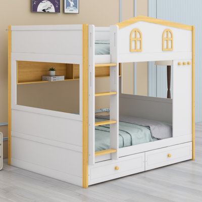 House-Shaped Guardrail Bunk Bed with Drawers and Shelves