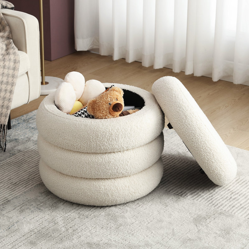 Leiani 19.5" W Round Upholstered Storage Ottoman , White Boucle