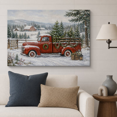 Winter Christmas Farm Truck Artwork, Entryway Pictures, Framed Canvas Giclee Print Wall Art