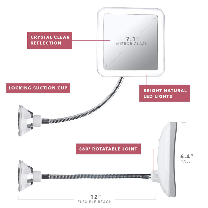Flexible Magnifying Mirror 10X With LED Light And Gooseneck, Lighted Travel Makeup Mirror, Lock Suction, Natural Daylight LED, Cordless And Portable (Mira Plus)