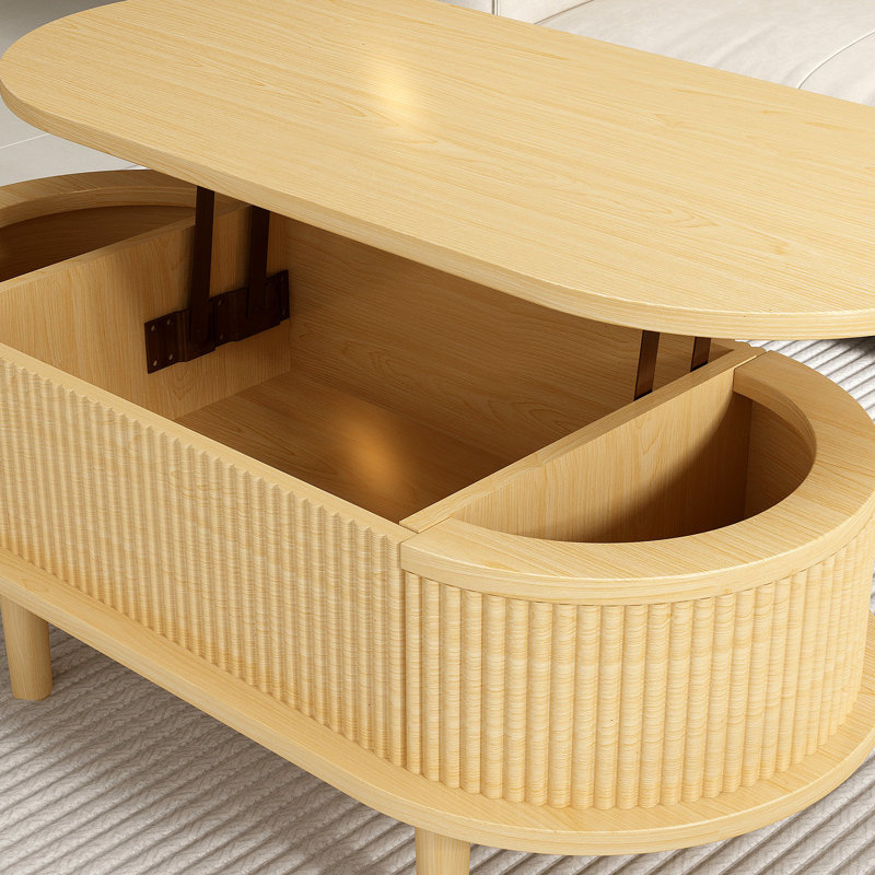 Table basse cannelée à plateau relevable avec compartiment caché, table centrale en bois, plateau de table ovale moderne pour bureau de salon à domicile