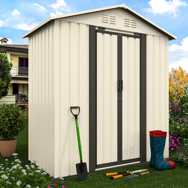Cream White 5Ftx3ft Outdoor Garden Tool Shed With Apex Roof, New Design Combining Color Scheme, Aluminum Alloy Frame For Rust - Proof Structure, Ventilated To Reduce , Overlapping Wall Panels