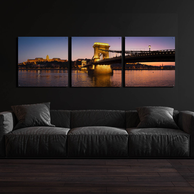 «Panorama Budapest Chain Bridge» par istvan nagy, art mural en verre acrylique, H 36 po x l 108 po
