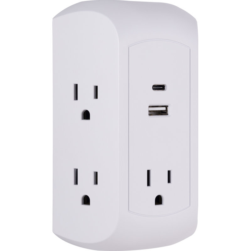 Robinet à 5 prises avec mise à la terre GE, 2 ports USB, USB-A et C, 560J, 3,4 A, blanc