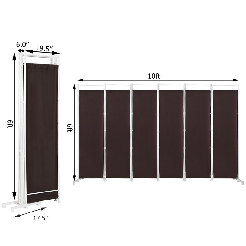 Brown Polyester 6-Panel Folding Room Divider with Steel Frame