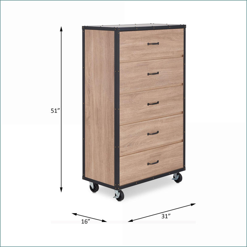 Chests &amp; Wardrobes, Industrial 5-Drawer Chest with Caster Wheels, Weathered Light Oak | Light Oak | MDF, Synthetic Wood