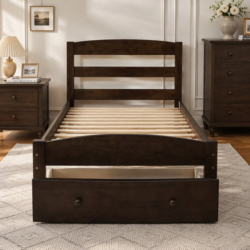 Lit plateforme simple avec tiroir de rangement et support à lattes de bois sans sommier, Espresso