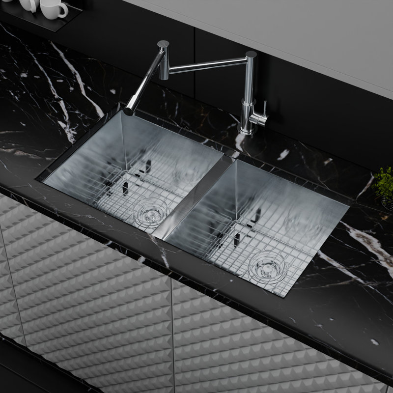 Évier de cuisine à double cuve en acier inoxydable avec drain et grille Zero Radius
