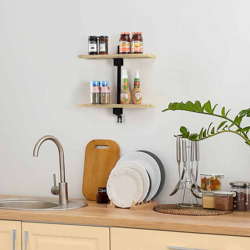 Tablettes flottantes à 2 niveaux avec bois de pin naturel et acier inoxydable, tablette murale à deux niveaux pour salle de bain, bureau, salon