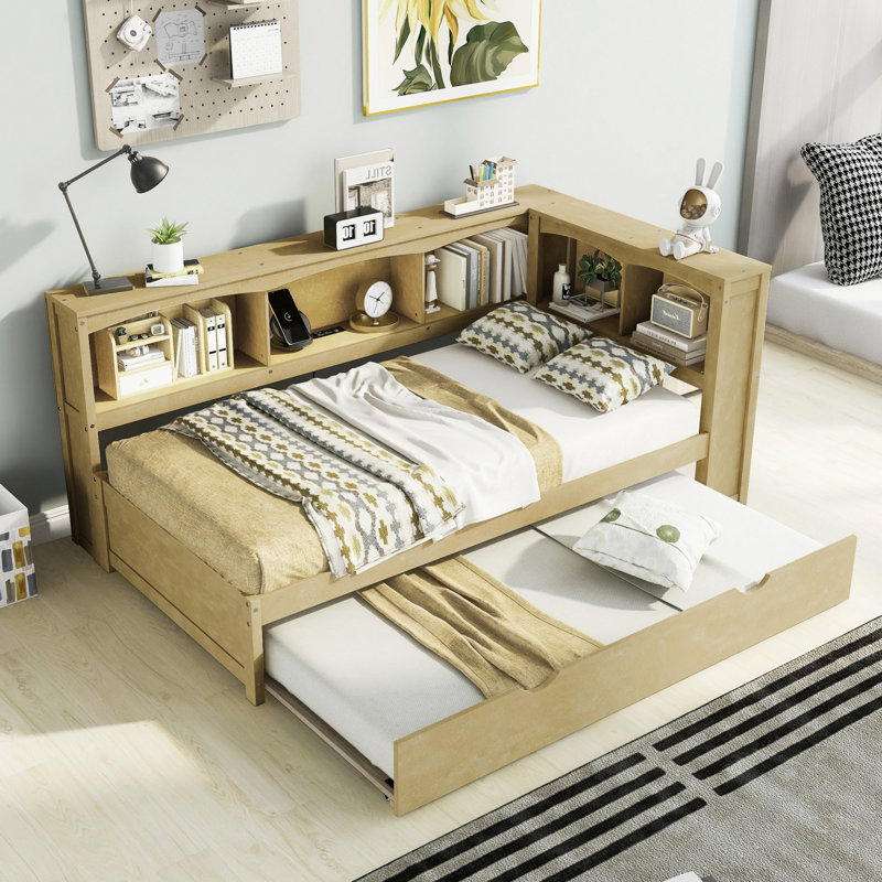Wooden Daybed With Trundle, Storage Shelves And USB Ports, Wood