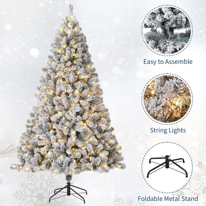 Artificial Christmas Tree with Warm White Lights, Realistic Flocked Material, Festive Christmas Tree with Metal Hinges and Foldable Base, Suitable for Family Gatherings and Office Decoration(Do not include Ornaments & Tree Décor)
