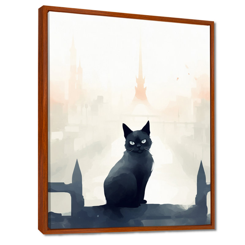Chat urbain noir - salon d'art mural, Toile avec cadre brun, H 32 po x l 24 po x P 1 po